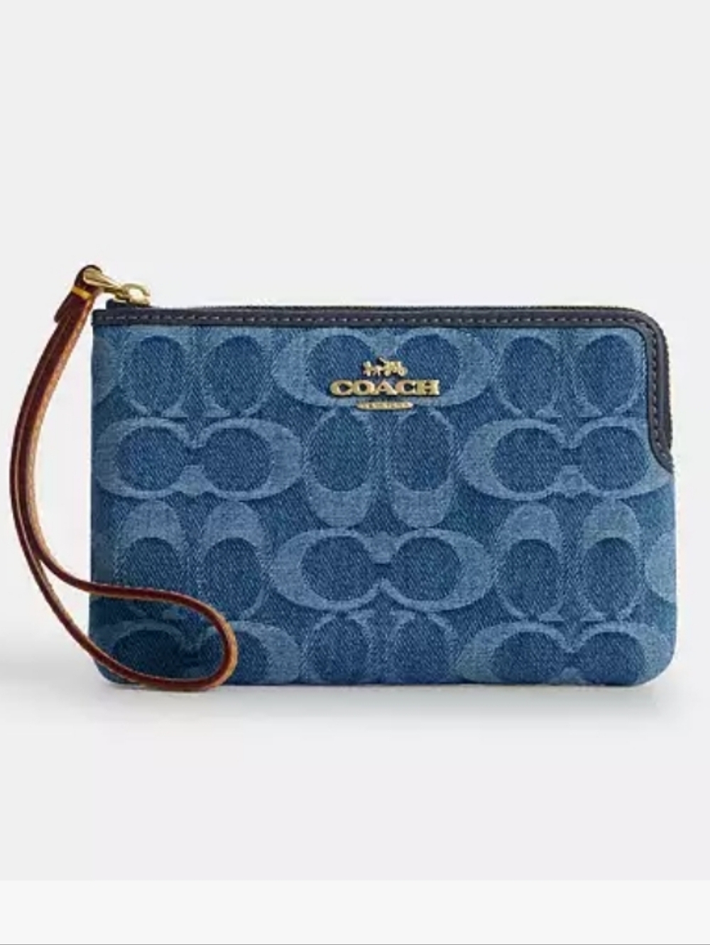 🔥COACH Corner Zip Wristlet In Signature Denim/Tan Leather Strap, Gold Hardware